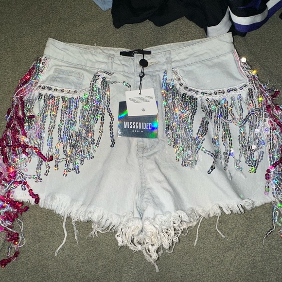 Missguided Sequin Fringe Women Shorts pink and silver sequins festival size 4 - Picture 1 of 5